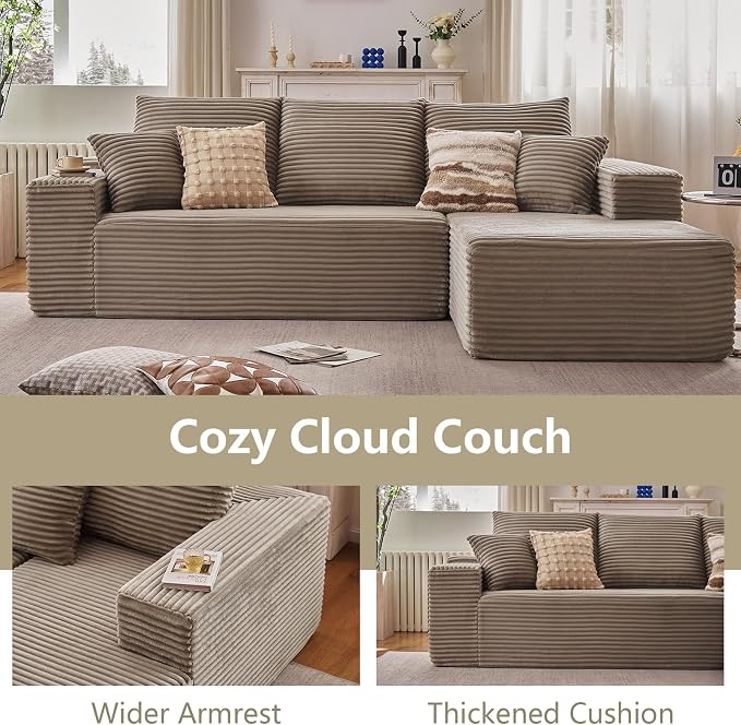 107" Cloud Sectional Couch with L-Shape Chaise, Modern Modular Comfy Sofa Chaise Longue, Upholstered Corduroy Couches Sleeper with Deep Seat for Living Room Bedroom, No Assembly Required, Camel
