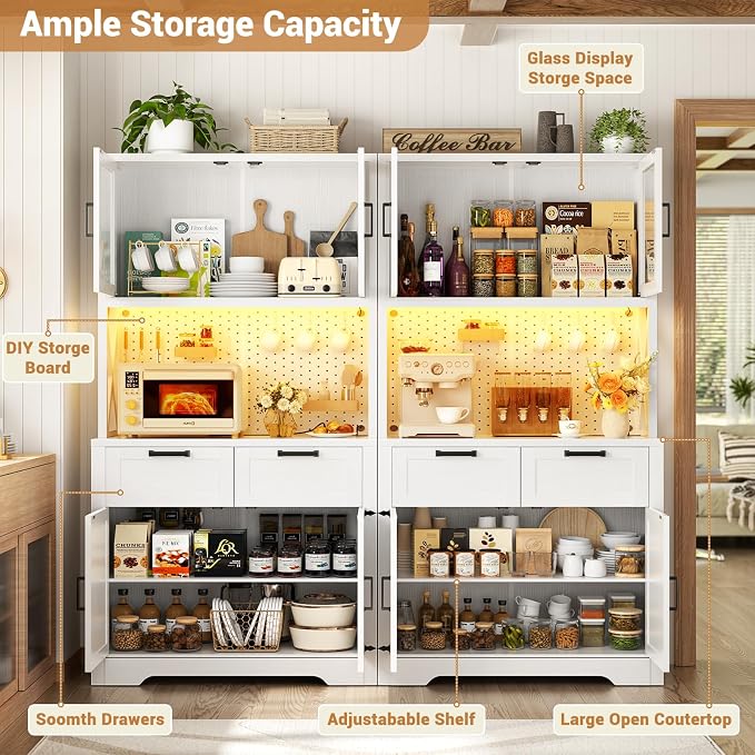 Unikito 71" Tall Kitchen Pantry Storage Cabinet with LED Light & Outlet, 63" Wide Kitchen Hutch Cabinet with Large Countertop, DIY Pegboard and Drawers, Farmhouse Food Pantry for Living Room, White