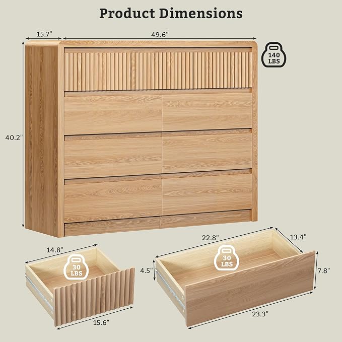 LYNSOM 9 Drawer Dresser for Bedroom, 50" Wide Fluted Dresser with Curved Corners, Wood Dressers & Chests of Drawers with Dual-Panel Design for Bedroom, Entryway, Oak