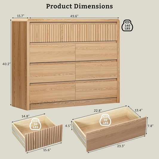 LYNSOM 9 Drawer Dresser for Bedroom, 50" Wide Fluted Dresser with Curved Corners, Wood Dressers & Chests of Drawers with Dual-Panel Design for Bedroom, Entryway, Oak