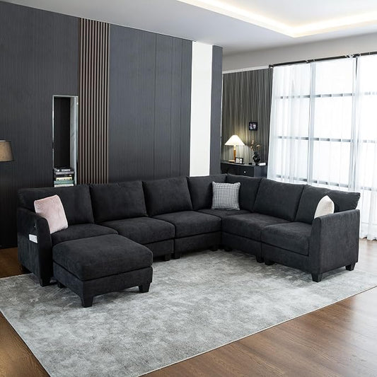 122.8" Large Sectional Couches for Living Room, 6 Seater L Shaped Modular Sectional Sofa with Storage Ottoman & USB, Oversized Corner Couch for Living Room（Black）