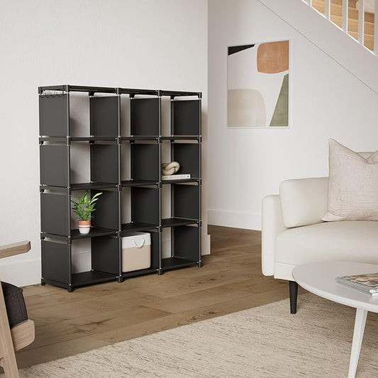 Mavivegue Book Shelf, 12 Cube Storage Organizer, DIY Bookcase, Metal Bookshelf,Tall Book case for Bedroom, Living Room,Office,Closet, Black Cubicle Rack