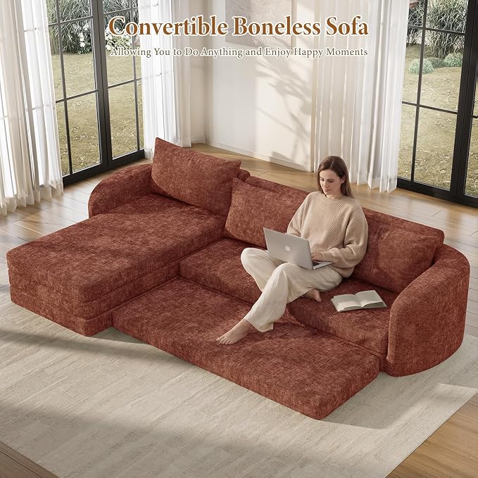 Vesgantti 110.2" Modular Sectional Sofa with Curved Armrest, 6 in 1 Convertible Folding Sleeper Sofa Bed, Chenille Boneless Couch for Living Room, No Assembly Required, Orange, Left Facing Chaise