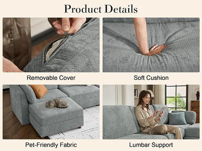 Oversized Modular Sectional Sleeper Sofa Bed Cloud Couches Gray | Deep Seat Couch for Living Room, 9 Seater Luxury Comfortable Sofa with Ottoman, Solid Wood Frame, Removable Washable Cover