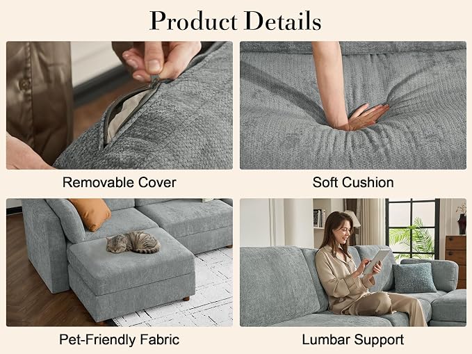 Oversized Modular Sectional Sofa L-Shaped Cloud Couches Gray | 150'' Deep Seat Couch for Living Room, 5-Seater Luxury Corner sofa with Ottoman, Solid Wood Frame, Removable Washable Cover