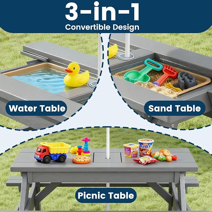 FOOWIN Kids 3-in-1 Sand & Water Table,HDPE Outdoor Convertible Picnic Table w/Detachable Tabletop, for Outdoor Backyard Patio Play Grey