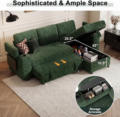 Vipbear Premium 86" Modular Sectional Chenille Sleeper Sofa, 3 Seat Sleeper Sofa with Pull Out Bed, L Shaped Couch with USB Ports|Storage Armrests&Chaise|Cup Holders| Side Table, Green