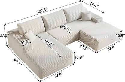 107" Corduroy Couch with Ottoman, Cloud Sectional U Shaped Sofa, Deep Seat Boneless Couches for Living Room Bedroom Apartment, Compressed Foam No Assembly Required, Left Facing Chaise, White
