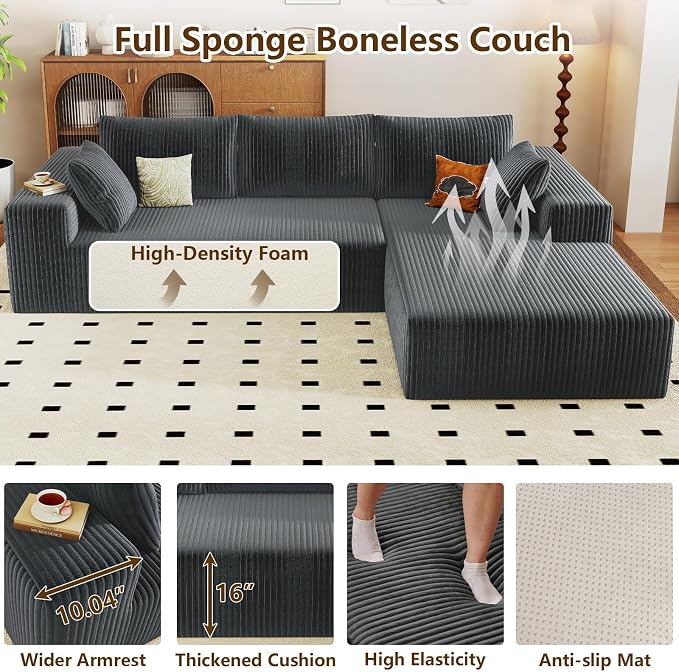 96" Modular Sectional Couch, Boneless L Shaped Cloud Sofa with Chaise Lounge, Corduroy Upholstered Couches Memory Foam Deep Seat, No Assembly Required, Ideal for Living Room(Dark Gray, Right Facing)