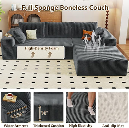 96" Modular Sectional Couch, Boneless L Shaped Cloud Sofa with Chaise Lounge, Corduroy Upholstered Couches Memory Foam Deep Seat, No Assembly Required, Ideal for Living Room(Dark Gray, Right Facing)