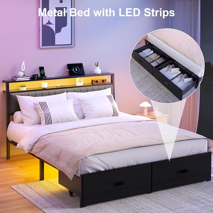 Queen Bed Frame with 2 Drawers, Platform Bed Frame with LED Lights and Charging Station, Upholstered Headboard, Heavy Duty Metal Slats, No Box Spring Needed, Noise Free, Easy Assembly