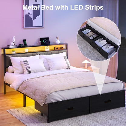 Full Bed Frame with 2 Drawers, Platform Bed Frame with LED Lights and Charging Station, Upholstered Headboard, Heavy Duty Metal Slats, No Box Spring Needed, Noise Free, Easy Assembly