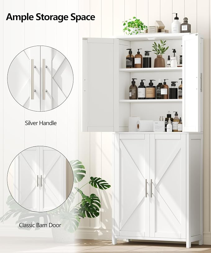 Akxomel Tall Bathroom Storage Cabinet, 11 x 22.8 x 63 Inches, Floor Cabinet with Barn Doors, Adjustable Shelf, Linen Pantry Cabinet for Kitchen, Laundry Room, Living Room, Entryway, White