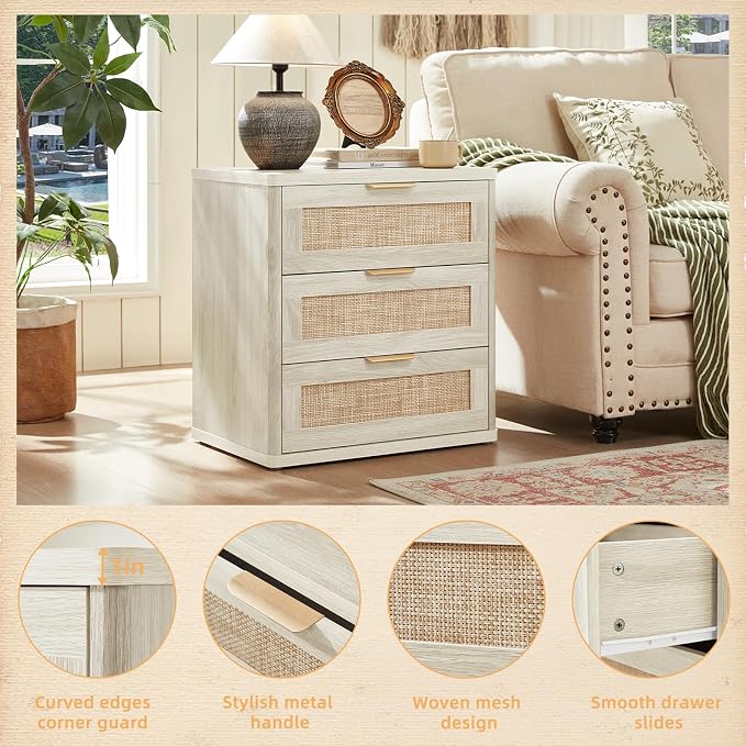 LEYAOYAO Boho Night Stands Set 2 with Storage, 23" Rattan Nightstand with 3 Drawers, Grey White Bed Side Table, Bedside End Tables for Bedroom, Living Room, Hallway
