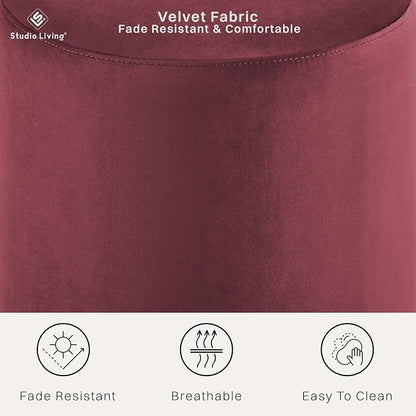 Studio Living® 19” Wentworth Ottoman Round Soft Velvet Bench, Stationary Ottomans, Backless Chair, Footrest for Living Room, Footstool Office, Bedroom, Padded Seat, Plum