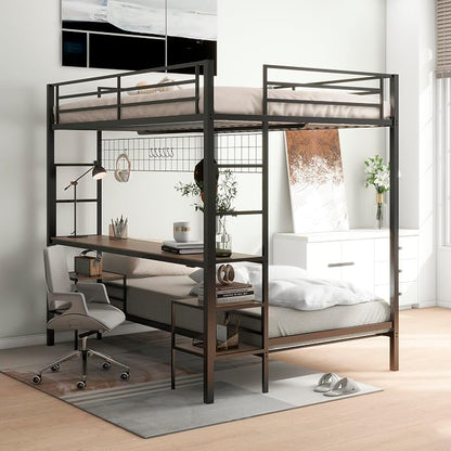 Bellemave Full Over Twin bunk Bed with Desk, loft Bed with Desk and Shelves, Full Over Twin Metal Bunk Beds with Charging Station, Black & Cinnamon Oak