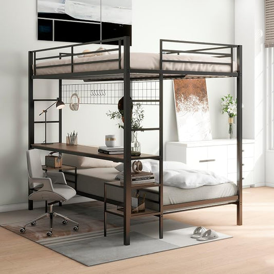 Bellemave Full Over Twin bunk Bed with Desk, loft Bed with Desk and Shelves, Full Over Twin Metal Bunk Beds with Charging Station, Black & Cinnamon Oak