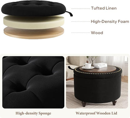 24 Inch Round Storage Ottoman,Modern Tufted Ottomans,Circular Coffee Table with Removable Top,Upholstered Large Ottoman with Storage Footrest Stool for Bedroom Living Room (Black)