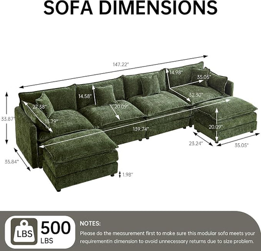 Modular Sectional Sofa, 147.2 Inch U Shaped Couch Set with Armrests, 4-Seater Comfy Cloud Couches with Movable Ottoman for Living Room Apartment, Green