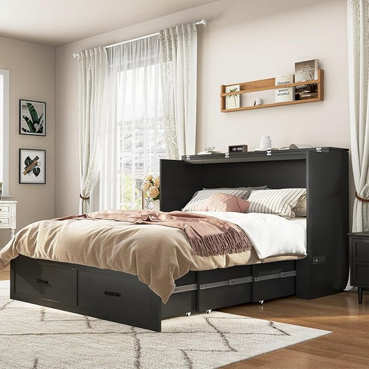 Hlivelood Full Size Murphy Chest Bed with Drawer and Charging Station, Farmhouse Wood Space-Saving Hidden Folding Bed Chest, Multifunctional Storage Cabinet Beds for Bedroom, Office, Black