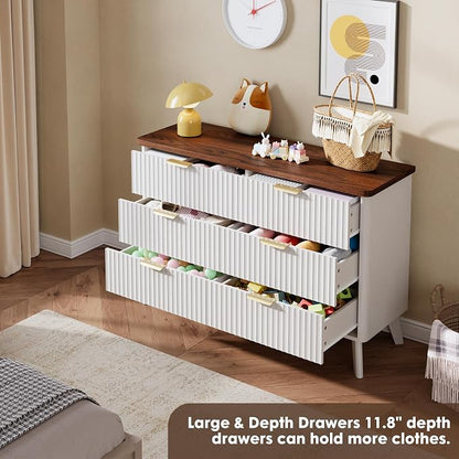 GarveeHome Fluted Dresser for Bedroom with 6 Deep Drawers, 47.2" Wide Modern Chest of Drawers, Wooden Dresser TV Stand, Curved Profile Design, for Living Room, Kids Room, Hallway, White