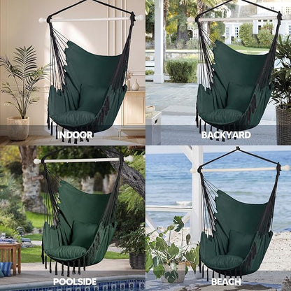 SUNCREAT Hammock Chair Hanging Rope Swing Seat-Max 450lbs Capacity, Extra Large Hanging Swing with Metal Support Bar, Side Pocket, Tassel, Green