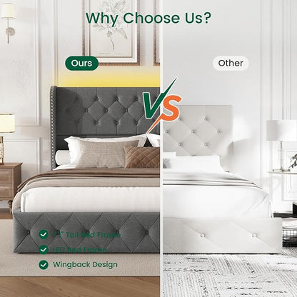 LARMACE King Size Bed Frame with LED Lights and 4 Storage Drawers Linen Upholstered Platform Bed Frame with 47.2" Tall Tufted Headboard Wingback, No Box Spring Needed, Easy to Assemble, Grey