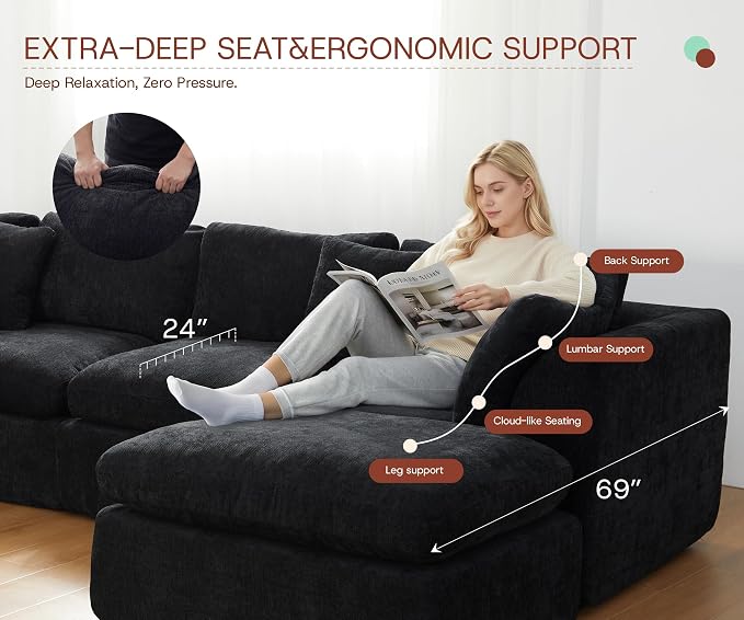 GRUSIGN 110'' Oversized Boneless Cloud Couch for Living Room, Modern Big Sectional Compressed L Shape Couch with Ottoman, Comfy Chenille Deep Seat Memory Foam Spineless 4 Seater Sofa, Black