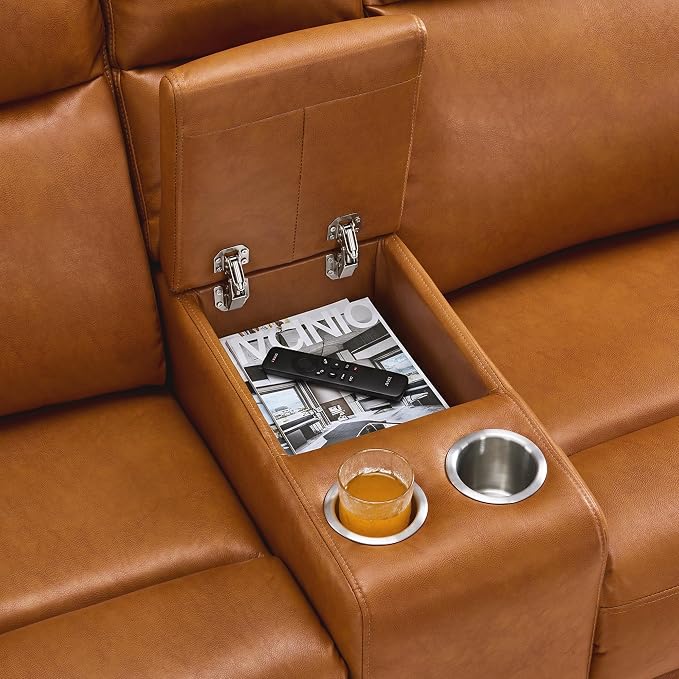 MCombo Zero Wall Recliner Loveseat, 2-Seat Power Wall Hugger Sofa with USB & Type-C Dual Ports, for Small Space, Living Room, RV PR646 (Cognac Brown, Loveseat with Console)