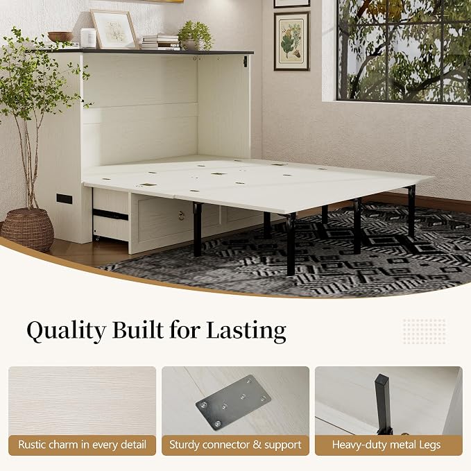 Ihanherry Queen Murphy Bed with Storage Drawer, Farmhouse Cabinet Bed with LED Lights & Charging Station, Space Saving Wall Bed for Small Bedroom/Home Office, Noise Free & Easy Assembly, Rustic White