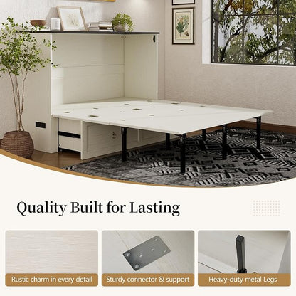 Ihanherry Queen Murphy Bed with Storage Drawer, Farmhouse Cabinet Bed with LED Lights & Charging Station, Space Saving Wall Bed for Small Bedroom/Home Office, Noise Free & Easy Assembly, Rustic White