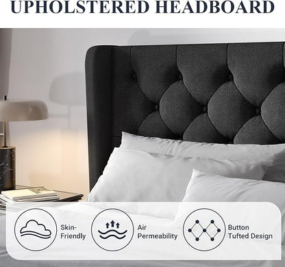 Allewie King Size Bed Frame with Button Tufted Wingback Headboard, Modern Upholstered Bed Frame with Solid Wooden Slats Support - No Box Spring Needed, Easy Assembly, Black