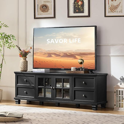 SAVOR LIFE Farmhouse TV Stand for Living Room, Rustic Black Entertainment Center with Storage Cabinet,Wood TV Console with 4 Drawers,Modern TV Stands for Bedroom,Black