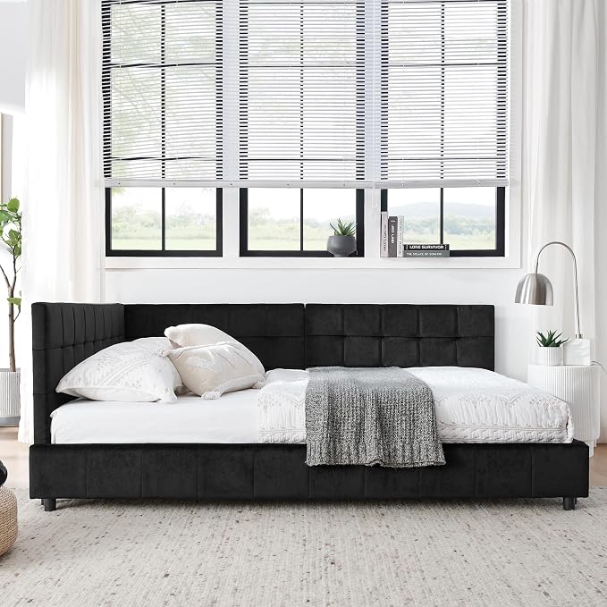 Bellemave Full Size Corner Bed Frame with Comfortable Backrest and Armrests, Velvet Tufted Corner Bed Frame Full Size, Upholstered Daybed for Bedroom, Living Room, Guest Room, Black