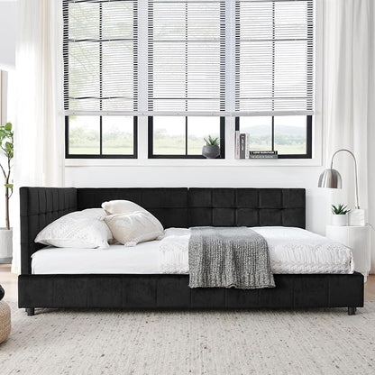 Bellemave Full Size Corner Bed Frame with Comfortable Backrest and Armrests, Velvet Tufted Corner Bed Frame Full Size, Upholstered Daybed for Bedroom, Living Room, Guest Room, Black