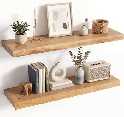 Venusmiles Elm Floating Shelves for Wall Decor, Rustic Solid Wood Shevles Wall Mounted with Invisible Bracket for Living Room Bathroom Bedroom Kitchen, 32 Inch Set of 2, Natural