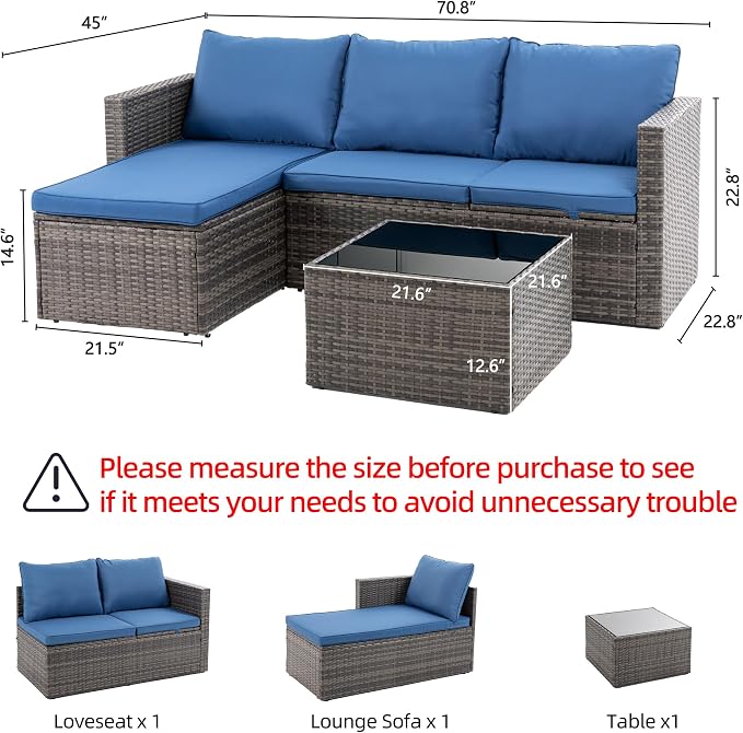 Shintenchi 4 Pieces Patio Furniture Set, 2-in-1 Convertible Sectional Sofa & Chaise Lounge, All-Weather Wicker Rattan Sofa Couch with Cushions & Coffee Table for Yard, Garden, Porch, Poolside (Blue)