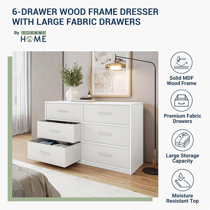 Modern 6-Drawer Dresser with Spacious Storage, Sturdy Wood Frame, Large Capacity Fabric Drawers, Dressers for Bedroom, Home Organization Storage for Living Room or Hallway, White | 6-drawer dresser, fabric storage drawers, sturdy wood frame, bedroom or...
