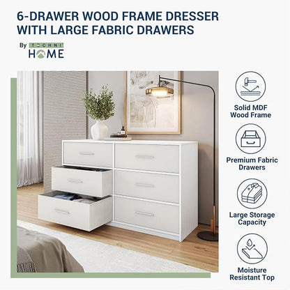 Modern 6-Drawer Dresser with Spacious Storage, Sturdy Wood Frame, Large Capacity Fabric Drawers, Dressers for Bedroom, Home Organization Storage for Living Room or Hallway, White | 6-drawer dresser, fabric storage drawers, sturdy wood frame, bedroom or...
