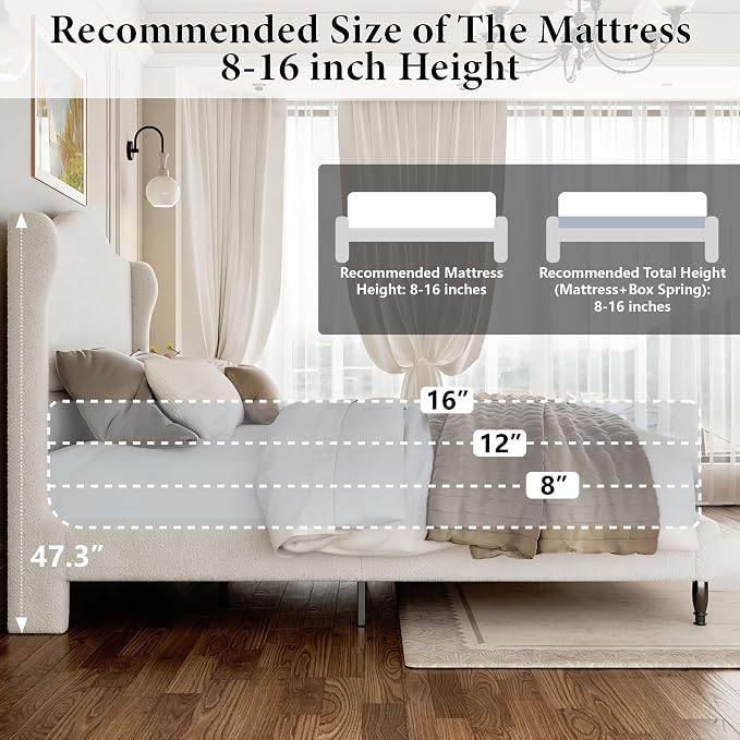 Full Bed Frame with Wingback Headboard, Upholstered Boucle Platform Bed Frame, Solid Wooden Slats Support, Noise-Free, No Box Spring Needed, Soft Cloud Bed for Bedroom, Cream
