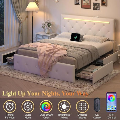 4 Pieces Queen Bedroom Set, Modern PU Fabric Metal Bed Frame with Charging Port, LED Light& Adjustable Headboard, Retractable Dressing Table with Mirror& Light, 2 Nightstands with Charge