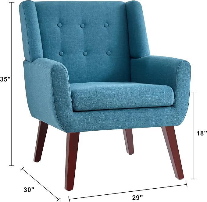 HUIMO Accent Chairs Set of 2,Upholstered Button-Tufted Living Room Chair with Wooden Legs,Mid Century Modern Linen Fabric Club Chair,Comfy Arm Chairs for Bedroom,Lake Blue 2PCS