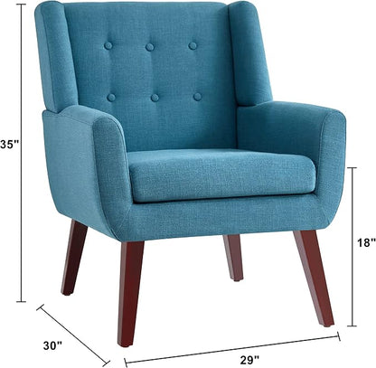 HUIMO Accent Chairs Set of 2,Upholstered Button-Tufted Living Room Chair with Wooden Legs,Mid Century Modern Linen Fabric Club Chair,Comfy Arm Chairs for Bedroom,Lake Blue 2PCS