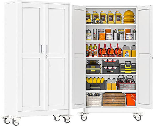 GAIOUS 73.6” Tall Metal Garage Storage Cabinet with Lock, Steel Tool Cabinet with 5 Adjustable Shelves, New Upgrade Lockable File Cabinet with Wheels, Organization for Home Office Garage Gym - White
