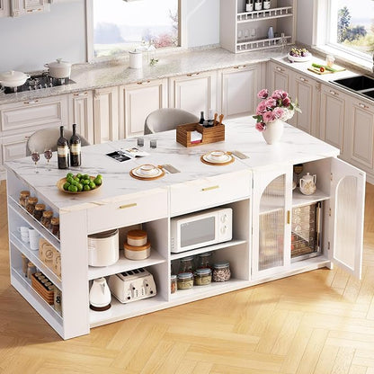 IBF 71" Large Kitchen Island with Storage, White Faux Marble Island table with Seating for 4-6, Stationary Island Cabinet with Drawers & Fridge Space, Modern Wood Counter Height Island Bar, Only Table