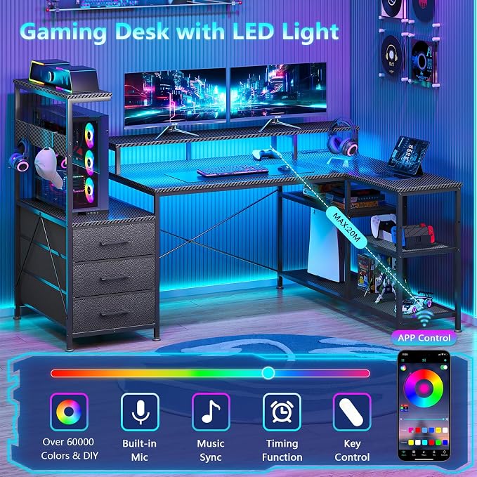 YOMILUVE L Shaped Gaming Desk with Drawers & Storage Shelves, Corner Gaming Desk with Power Outlets & LED Light, Reversible Computer Desk with Monitor Stand & Hooks, Carbon Fiber Black