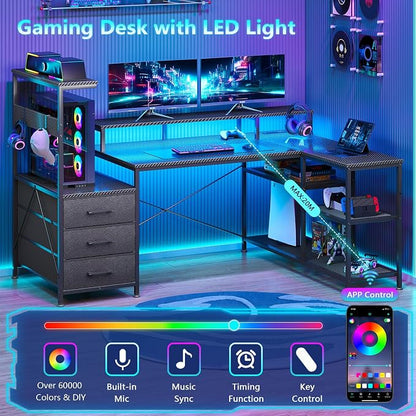 YOMILUVE L Shaped Gaming Desk with Drawers & Storage Shelves, Corner Gaming Desk with Power Outlets & LED Light, Reversible Computer Desk with Monitor Stand & Hooks, Carbon Fiber Black