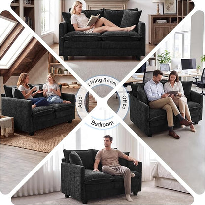 Loveseat Sofa Couch, Small Mini Compact 50" Love Seat 27" Deep Cloud Sofa Seat Washable Chenille Pillow for Apartment Bedroom Dorm Attic Studio Office Living Room Small Space 8833-BLACK