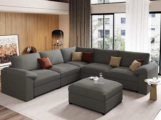EASE MOOSE Oversized Corner Modular Sectional Sofa with Ottoman, Faux Leather Sectional Sofa with Deep Seat, Scratch Resistant Faux Leather Material, Extra Large L Shaped Couch, Grey