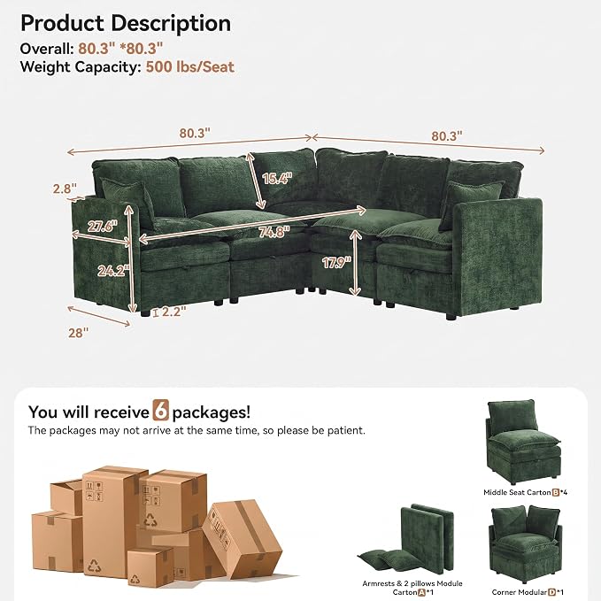 80" Green Modular Storage Sofa, V Shaped Chenille Cloud Couch with Armrest | Oversized Convertible Sectional Sofa, 5-Seat Sectional Couch With Armrests, Large Cloud Couch For Living Room, Apartment.